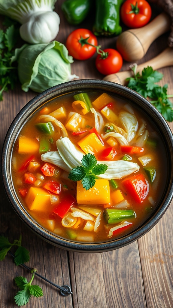 7-Day Cabbage Soup Diet Plan for Weight Loss A rich bowl of cabbage soup with colorful vegetables, garnished with herbs, on a wooden table.
